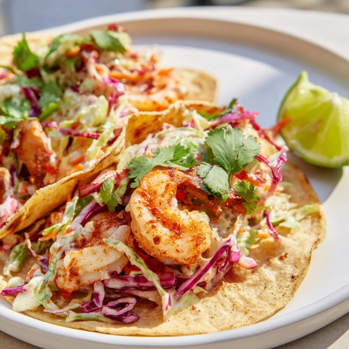 Spicy seasoned shrimp tacos topped with tangy cabbage slaw and lime wedges