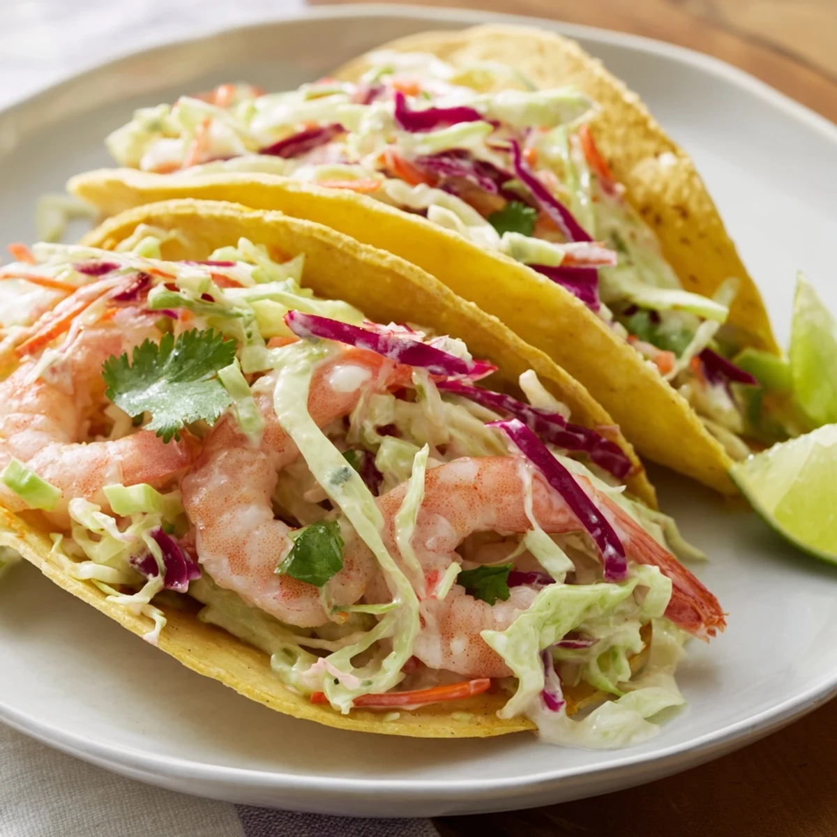 Fresh shrimp tacos with colorful crunchy slaw piled in warm tortillas