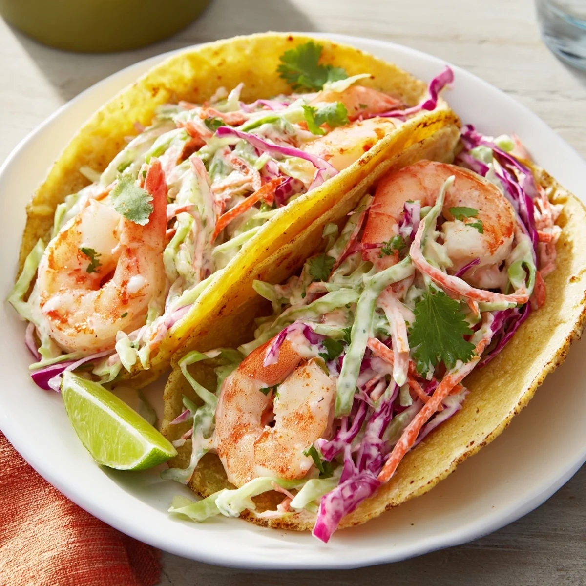 Golden pan-seared shrimp tacos with crisp red and green cabbage slaw