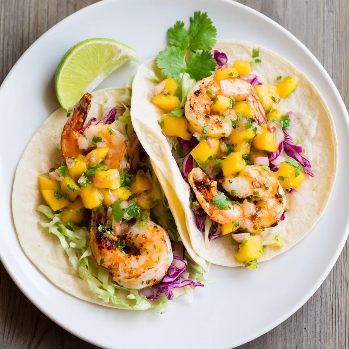 Cilantro Lime Shrimp Tacos piled with juicy shrimp and bright mango salsa