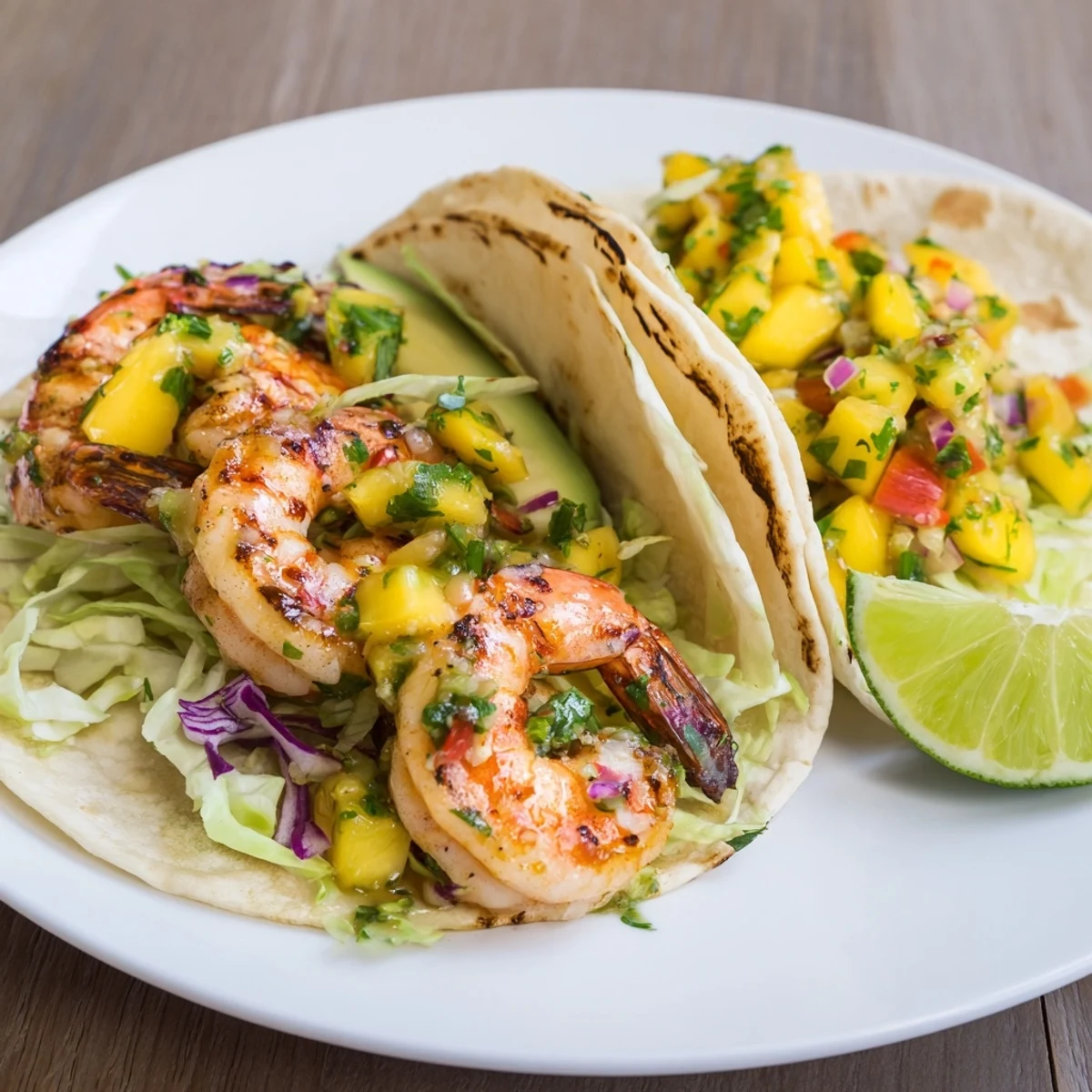 Grilled Cilantro Lime Shrimp Tacos on warm corn tortillas with lime wedges