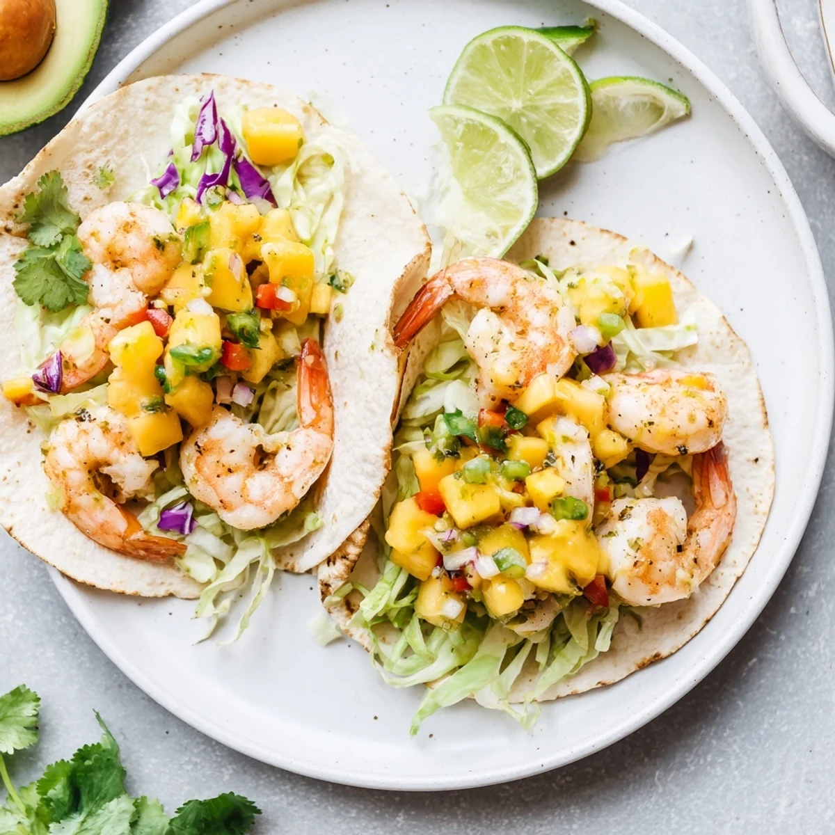 Weeknight Cilantro Lime Shrimp Tacos topped with zesty mango salsa and cilantro