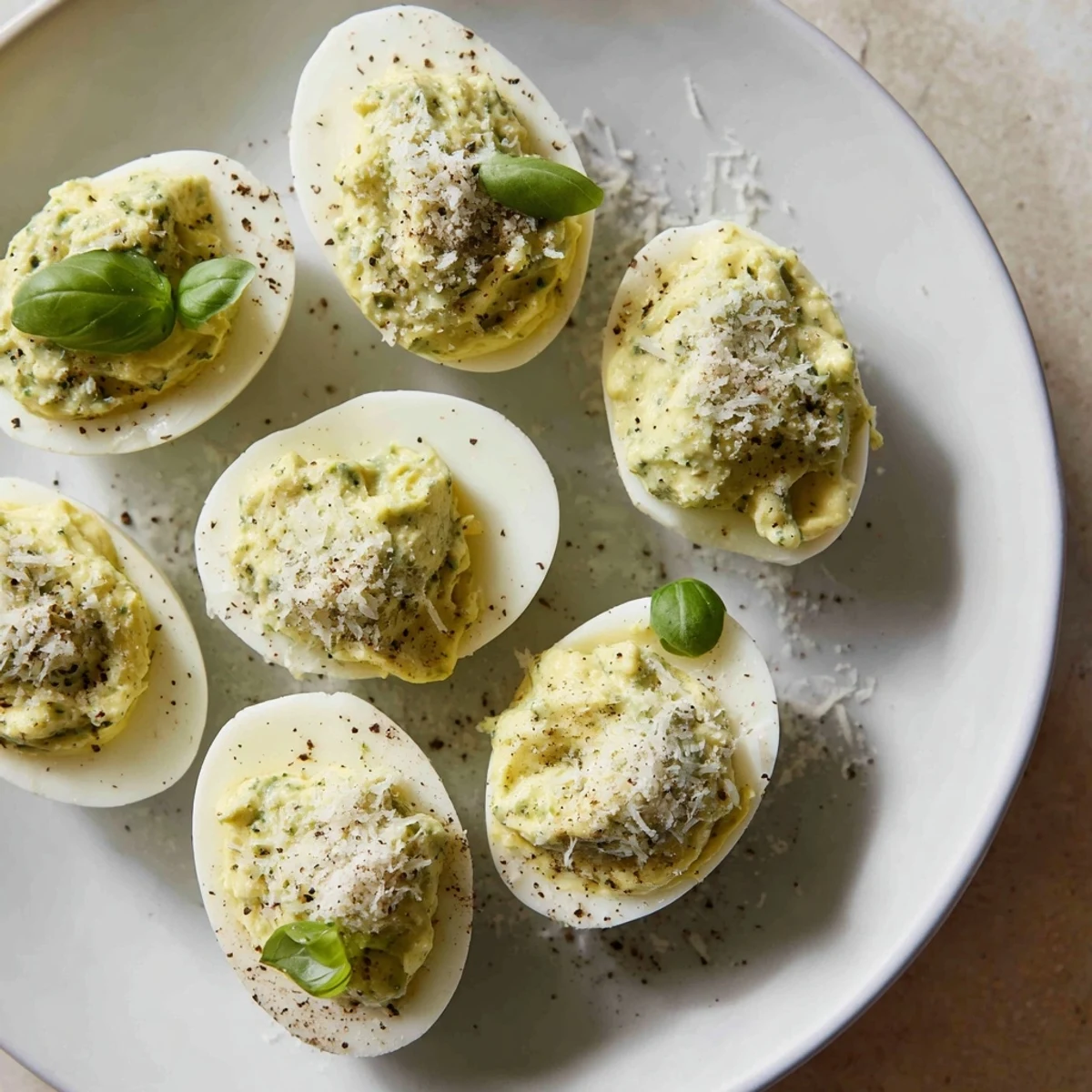 Pesto Parmesan Deviled Eggs Recipe on platter, creamy herby filling, basil garnish