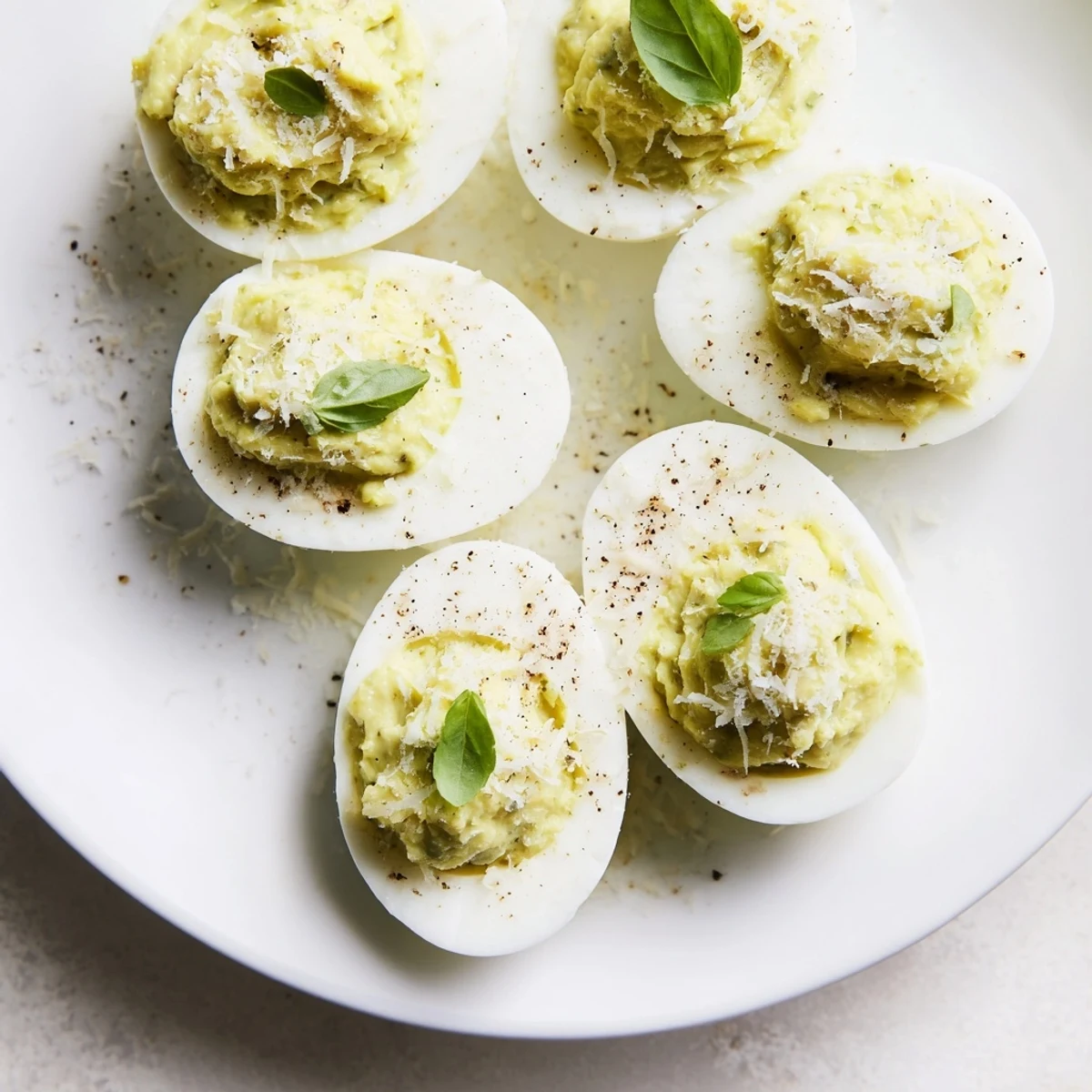 Close-up of Pesto Parmesan Deviled Eggs Recipe piped neatly, sprinkled with crushed pepper