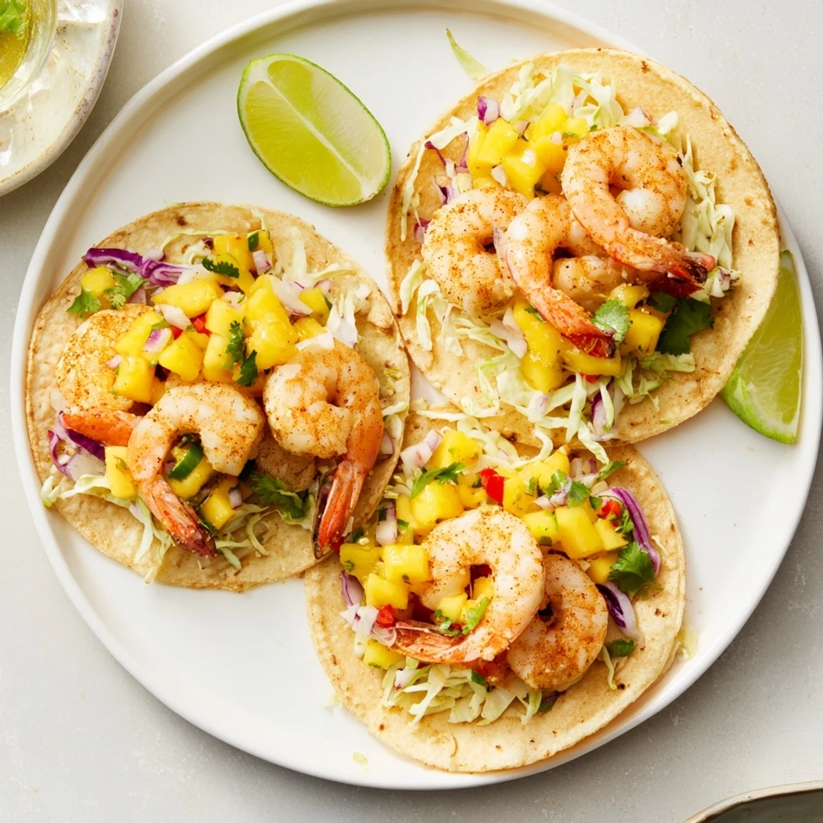 Shrimp Tacos With Mango Salsa on warm corn tortillas, tangy lime squeeze.