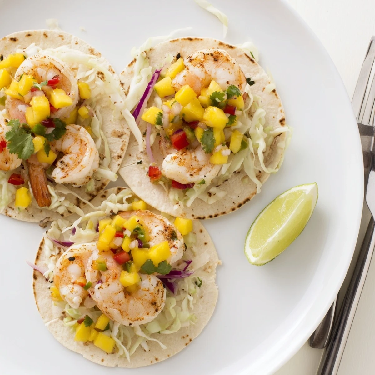 Shrimp Tacos With Mango Salsa arranged on platter, lime wedges and cilantro.