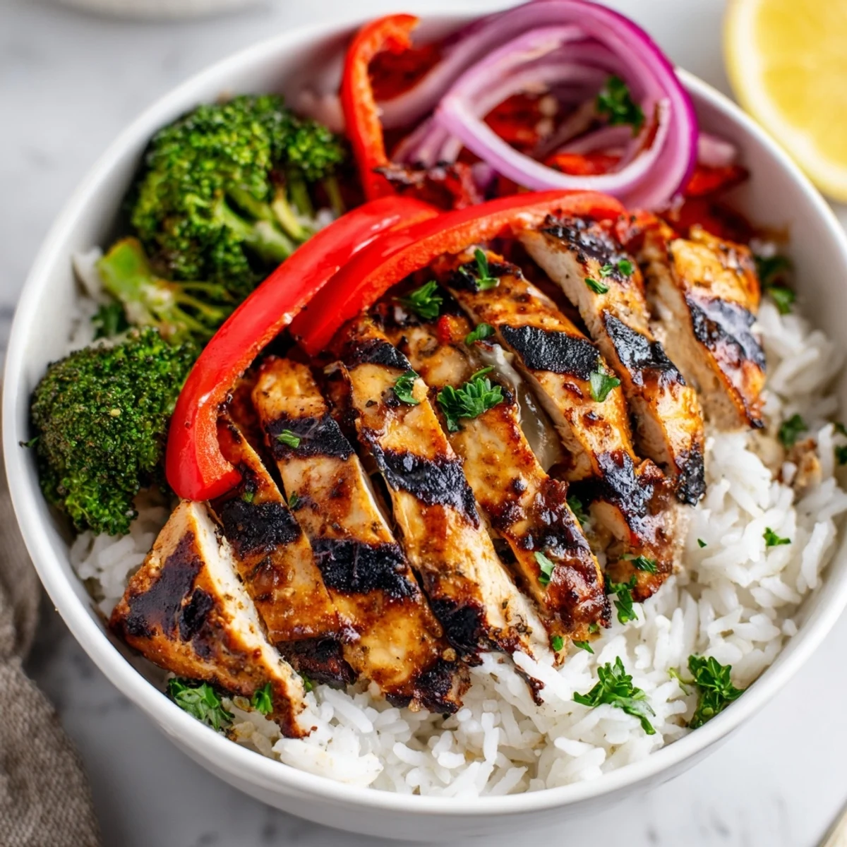 Grilled Chicken Broccoli Bowls with Creamy Garlic Sauce over fluffy rice, garlicky aroma.
