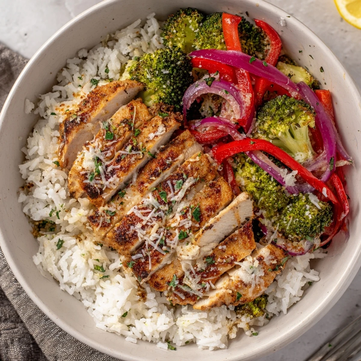 Sliced grilled chicken in Grilled Chicken Broccoli Bowls with Creamy Garlic Sauce, bright lemon.