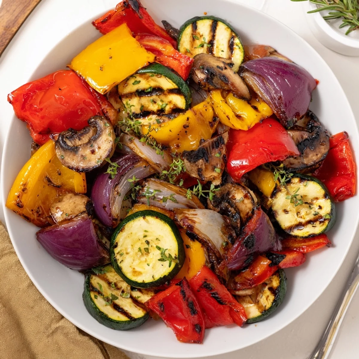 Grilled Vegetables sizzling with charred edges, herby aroma, served warm