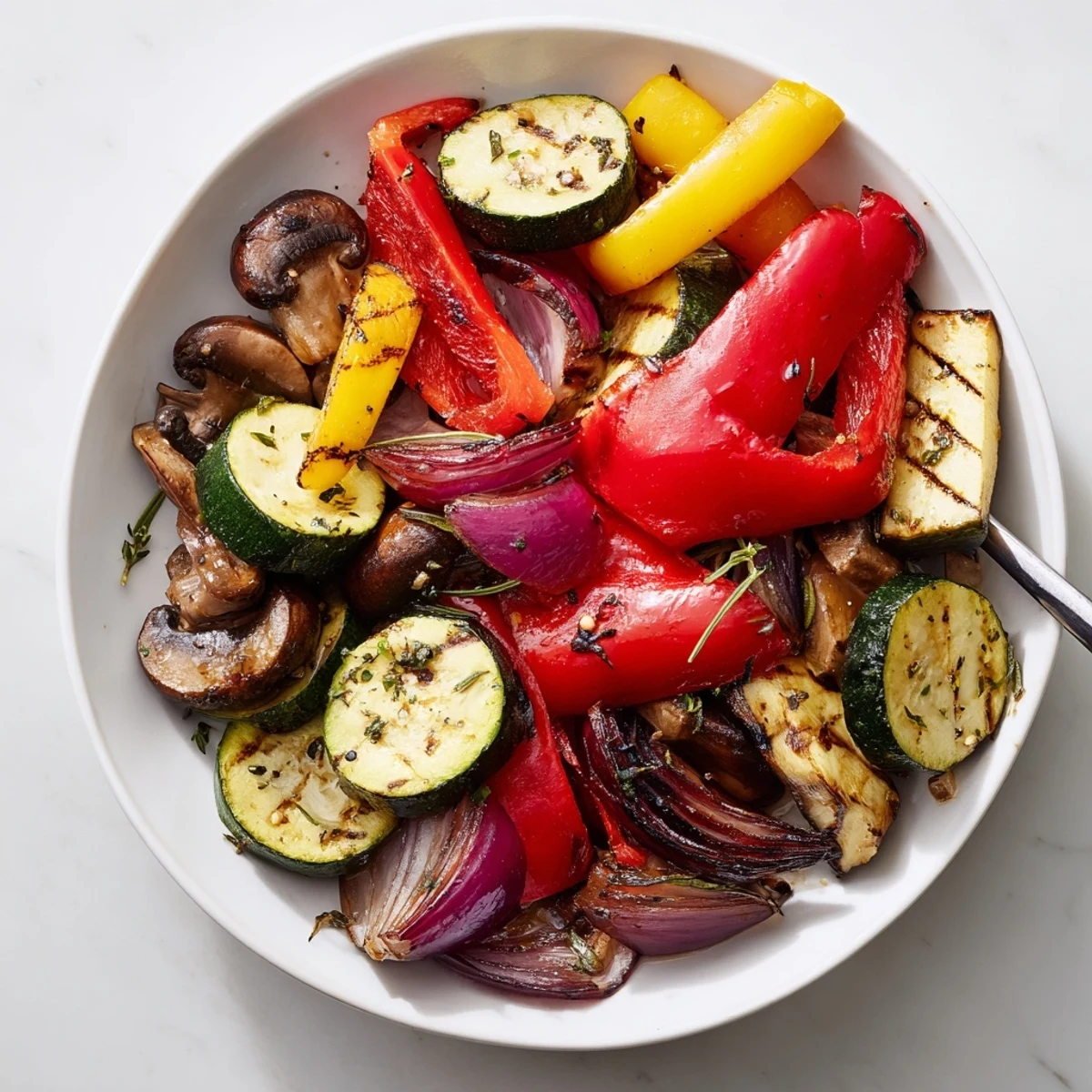 Colorful Grilled Vegetables on platter, balsamic glaze glistening, ready to share