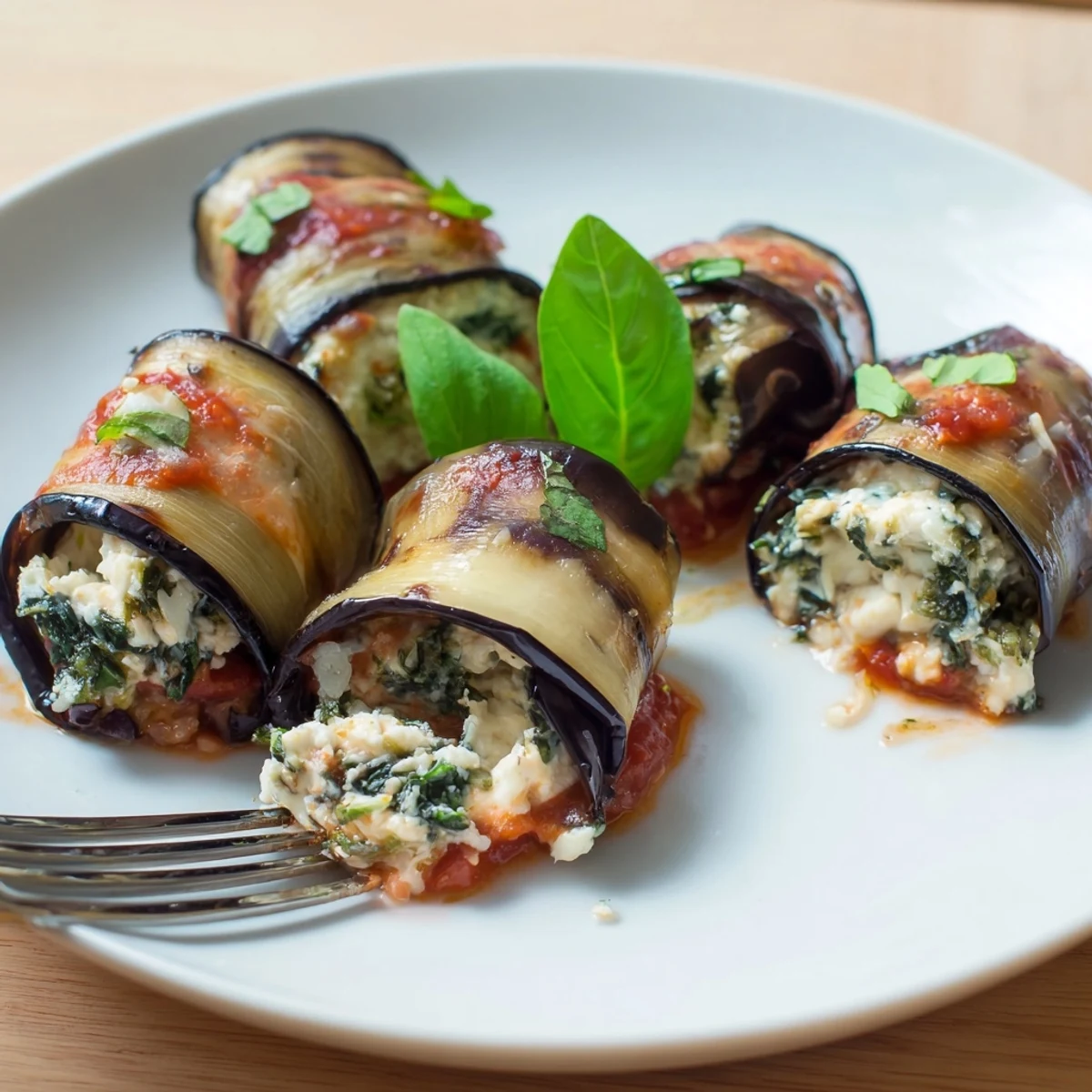 Baked golden Healthy Eggplant Rollatini topped with bubbly mozzarella and basil