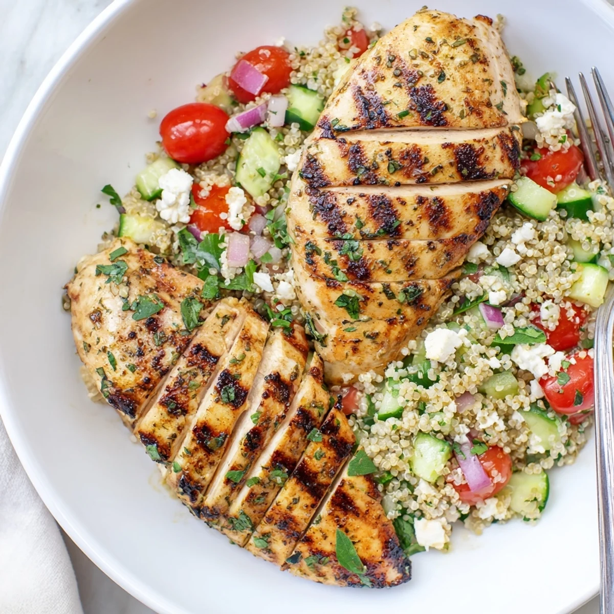 Grilled Lemon Herb Chicken And Quinoa Salad with warm quinoa, bright lemon dressing  