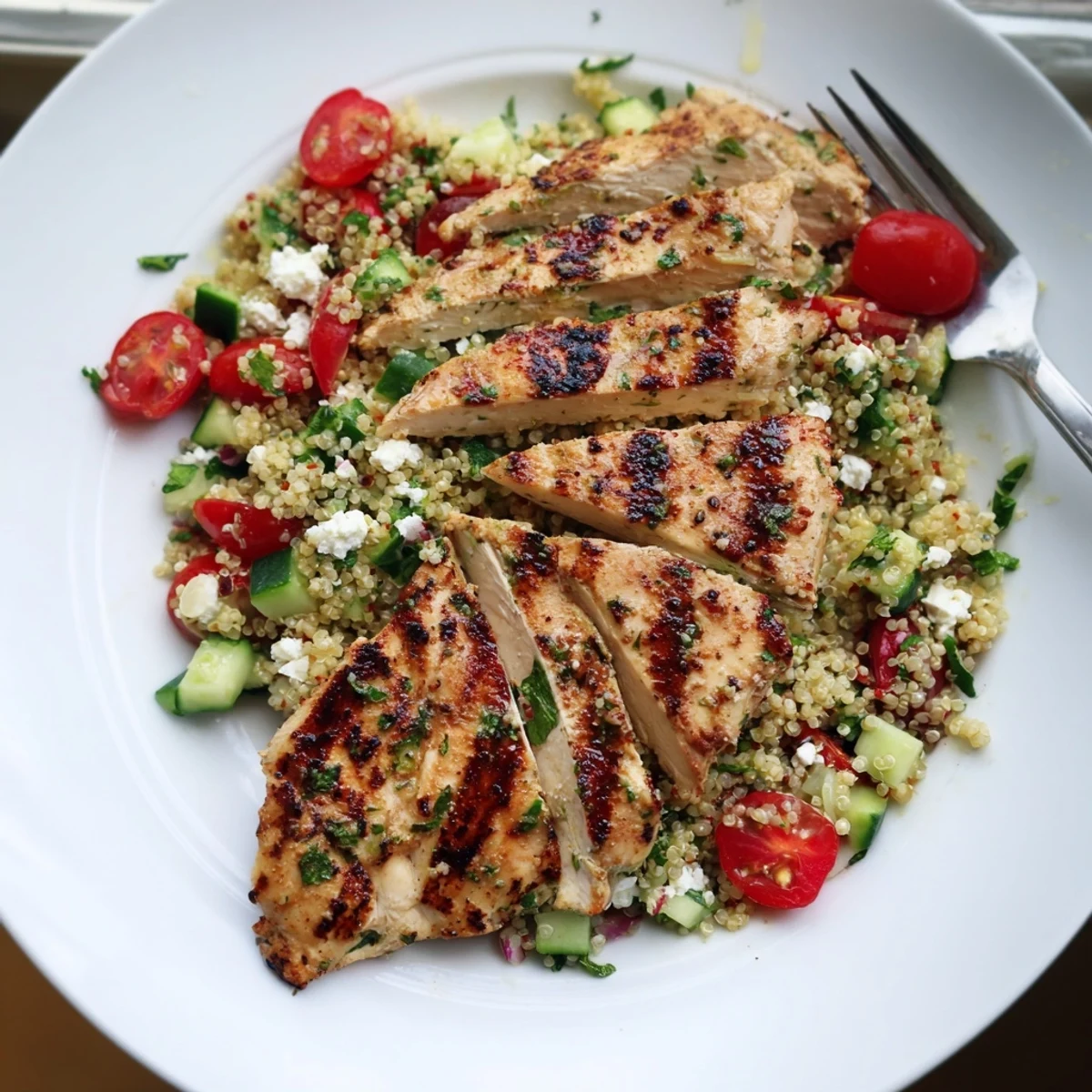 Grilled Lemon Herb Chicken And Quinoa Salad served on plate, fresh herbs, citrus  
