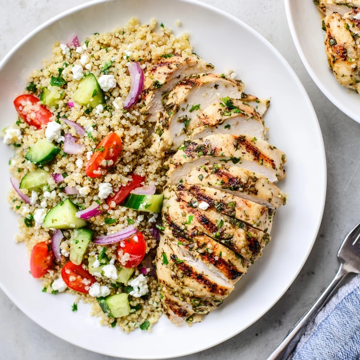 Grilled Lemon Herb Chicken And Quinoa Salad showing charred grill marks, crisp vegetables