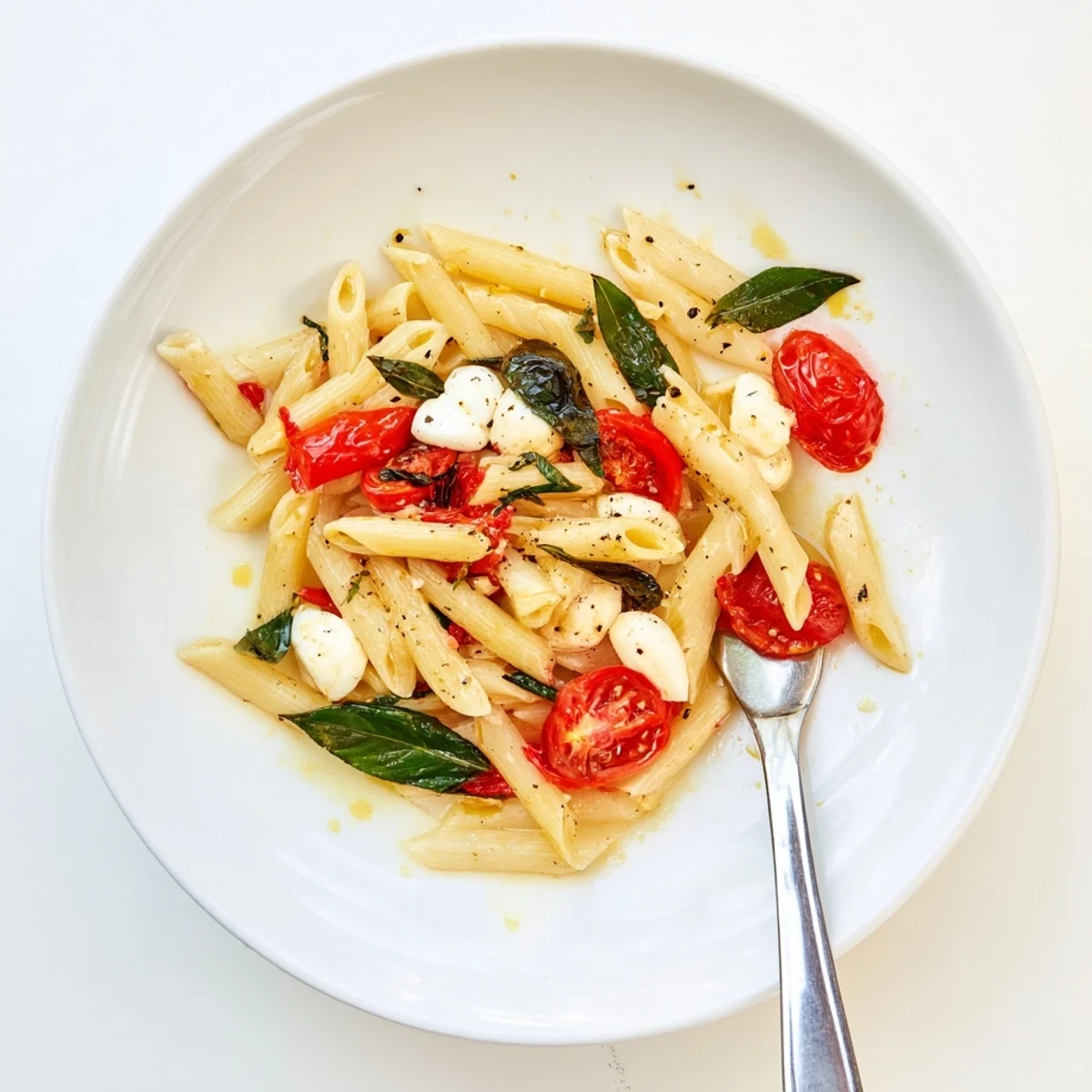 Caprese Pasta Recipe with juicy cherry tomatoes, melted mozzarella, and torn basil