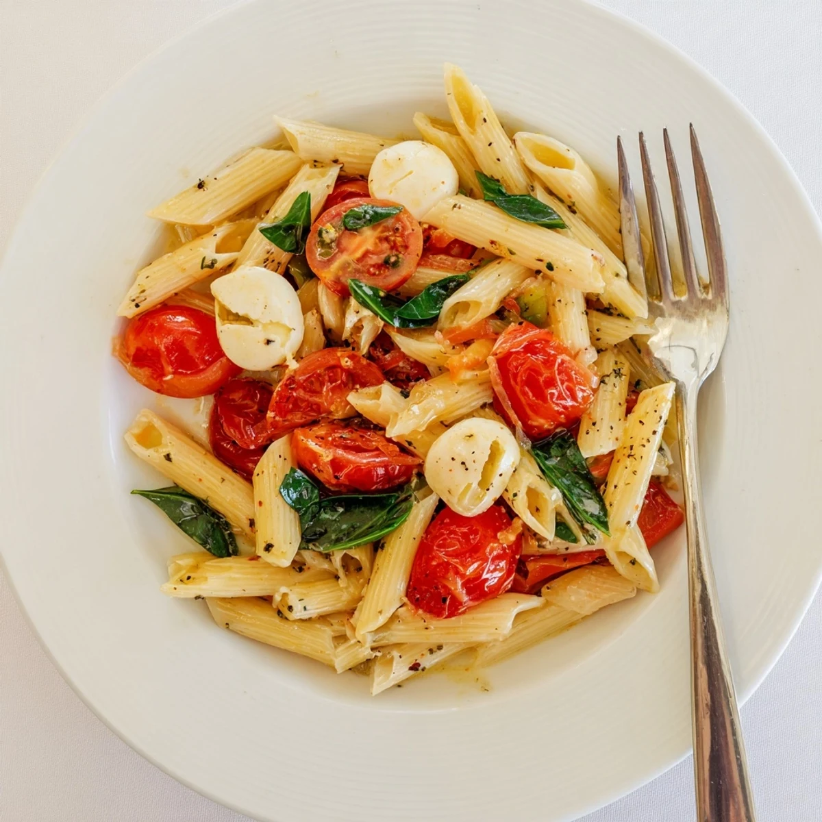 Warm Caprese Pasta Recipe tossed in olive oil, garlic aroma, ready to serve