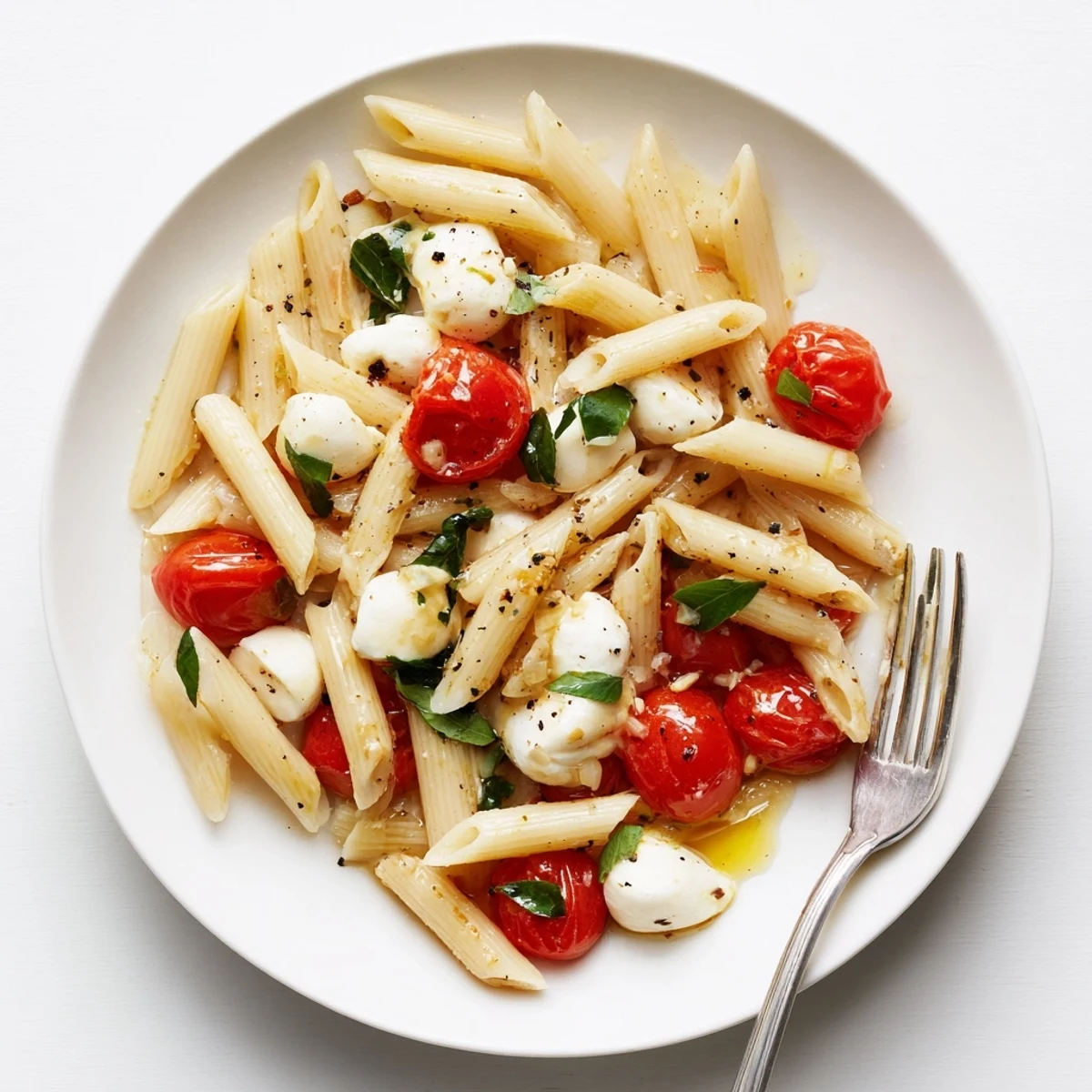 Simple Caprese Pasta Recipe plated with basil garnish, creamy bocconcini, bright tomatoes