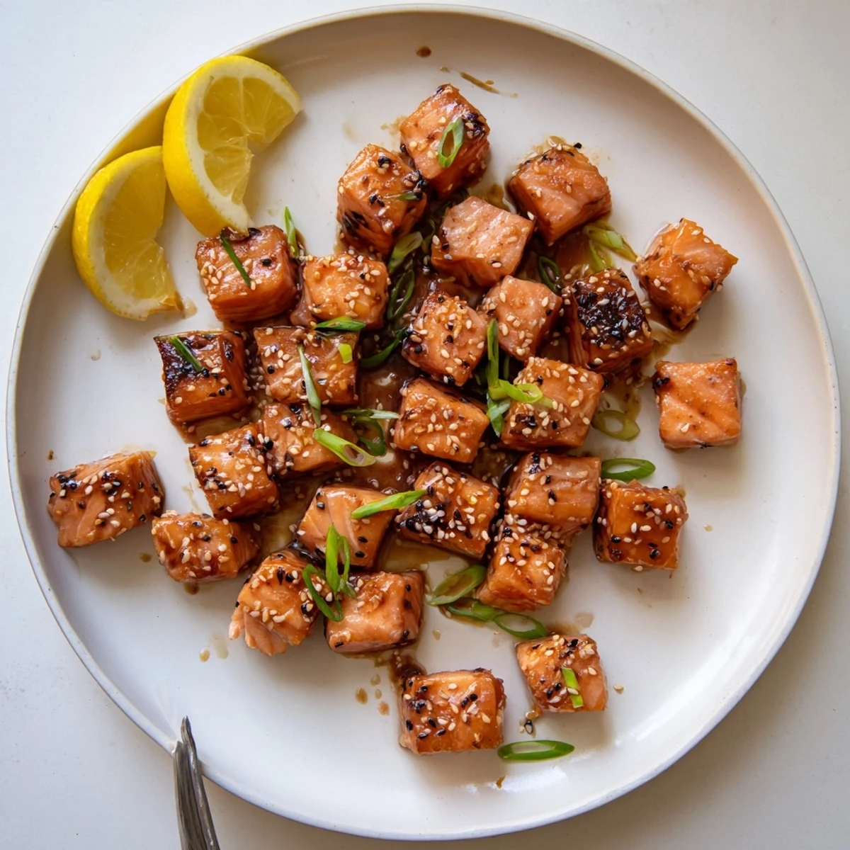 Oven-broiled Honey Glazed Salmon Bites, sticky sweet glaze and lemon wedge