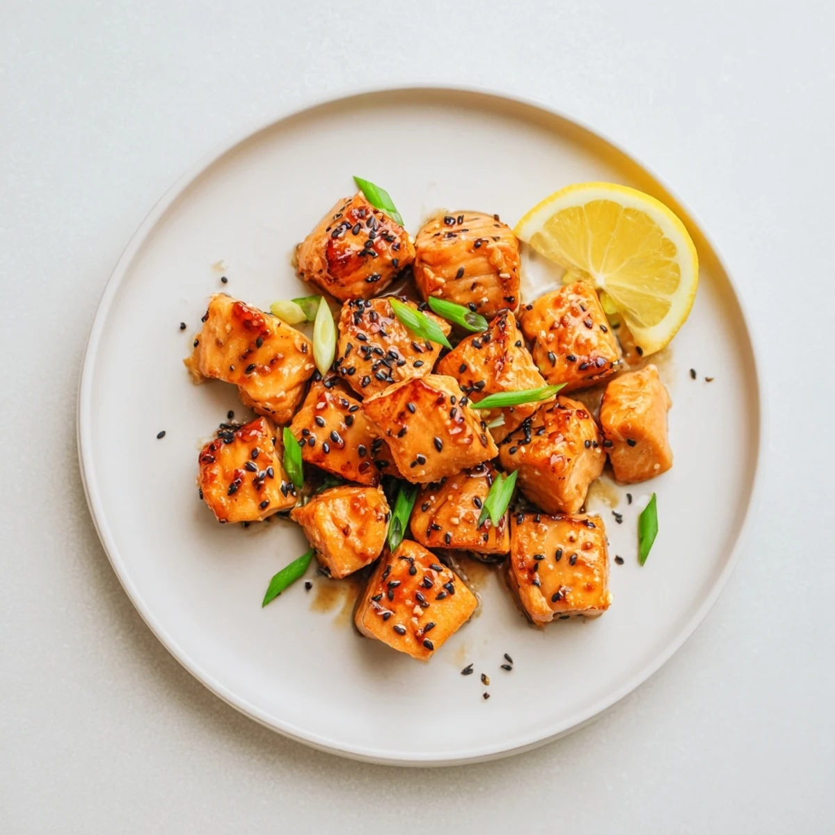 Honey Glazed Salmon Bites on a platter, caramelized edges and sesame garnish