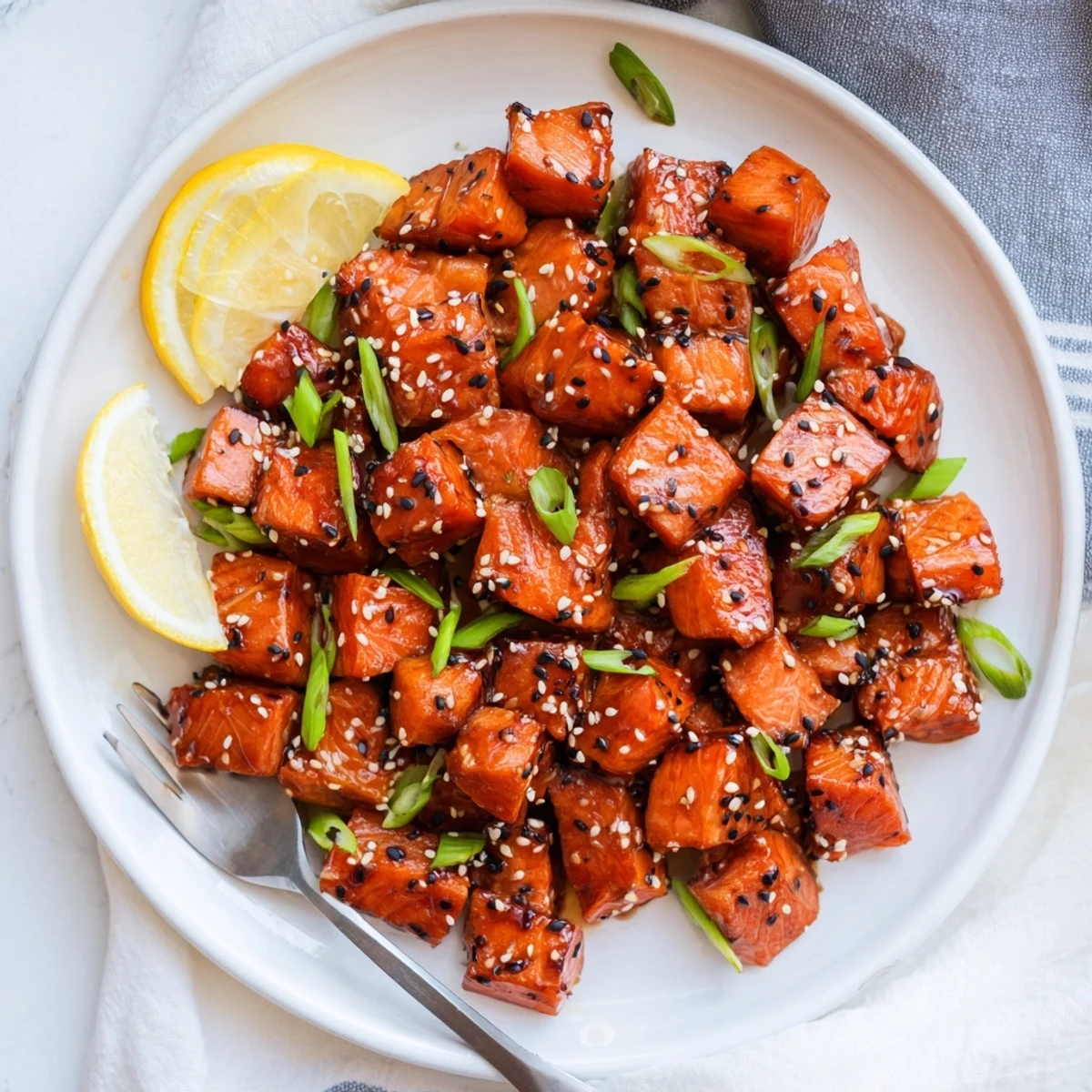 Plated Honey Glazed Salmon Bites served over rice, tender, glossy, aromatic