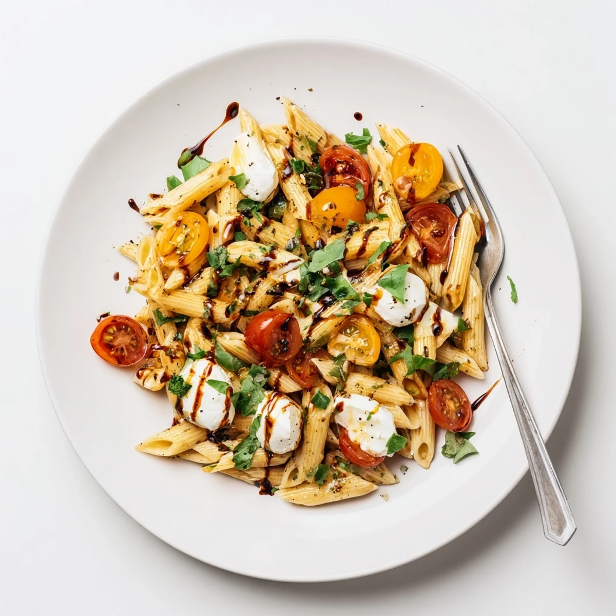 Warm Caprese Tomato Mozzarella Penne with glossy tomatoes and fragrant basil