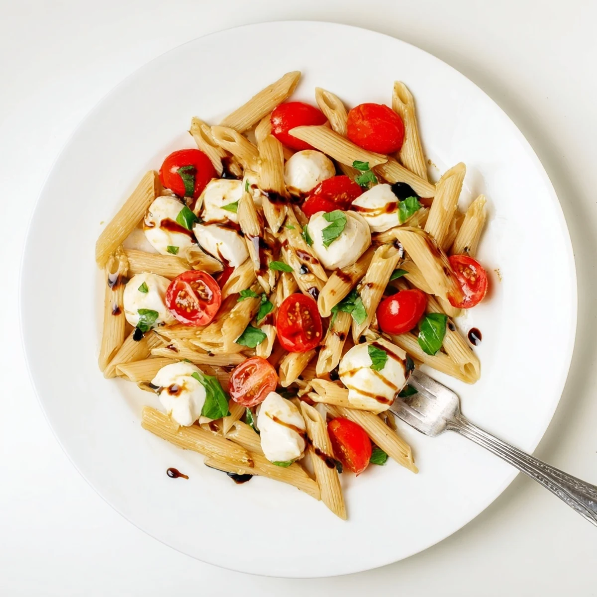 Bowl of Caprese Tomato Mozzarella Penne tossed in olive oil, balsamic drizzle