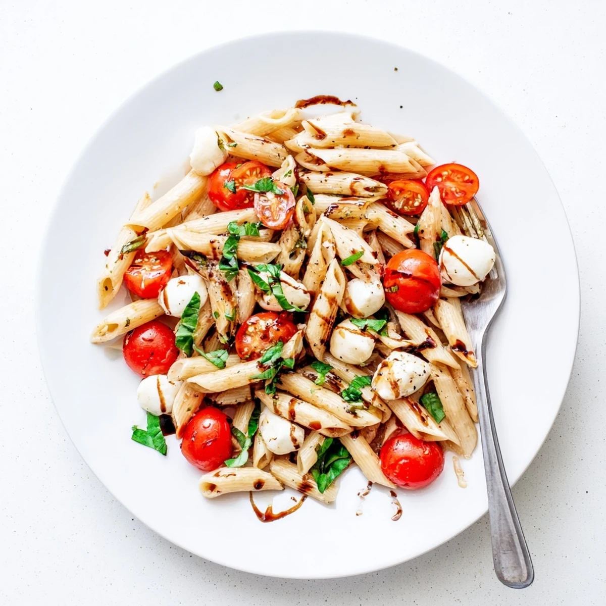 Chilled Caprese Tomato Mozzarella Penne served with crusty bread and freshly cracked pepper