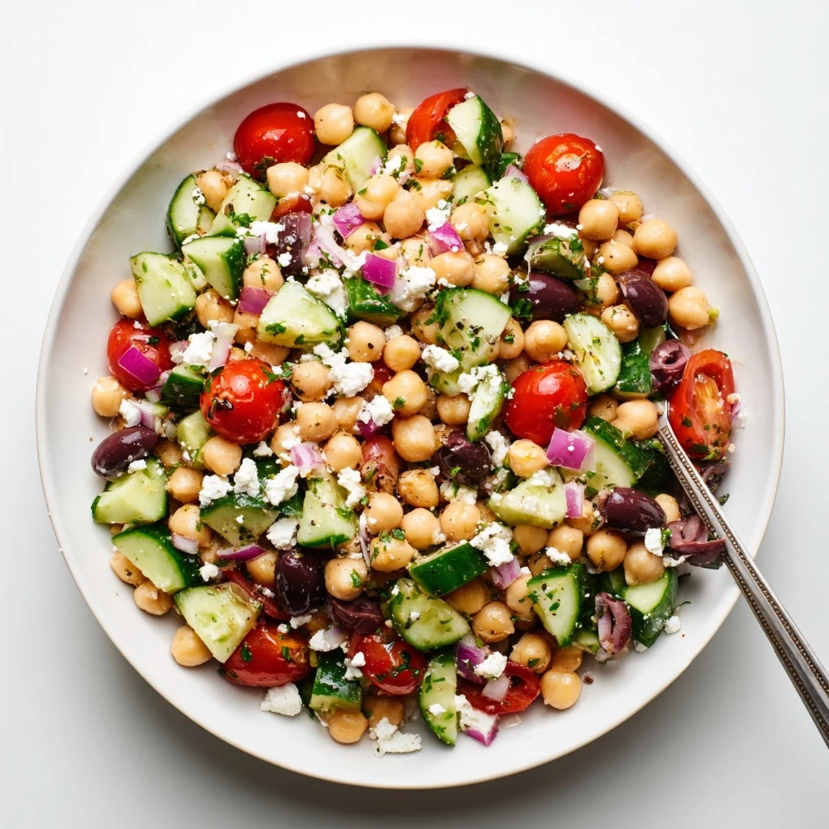 Mediterranean Chickpea Salad with Cucumber & Feta glistening with olive oil and parsley