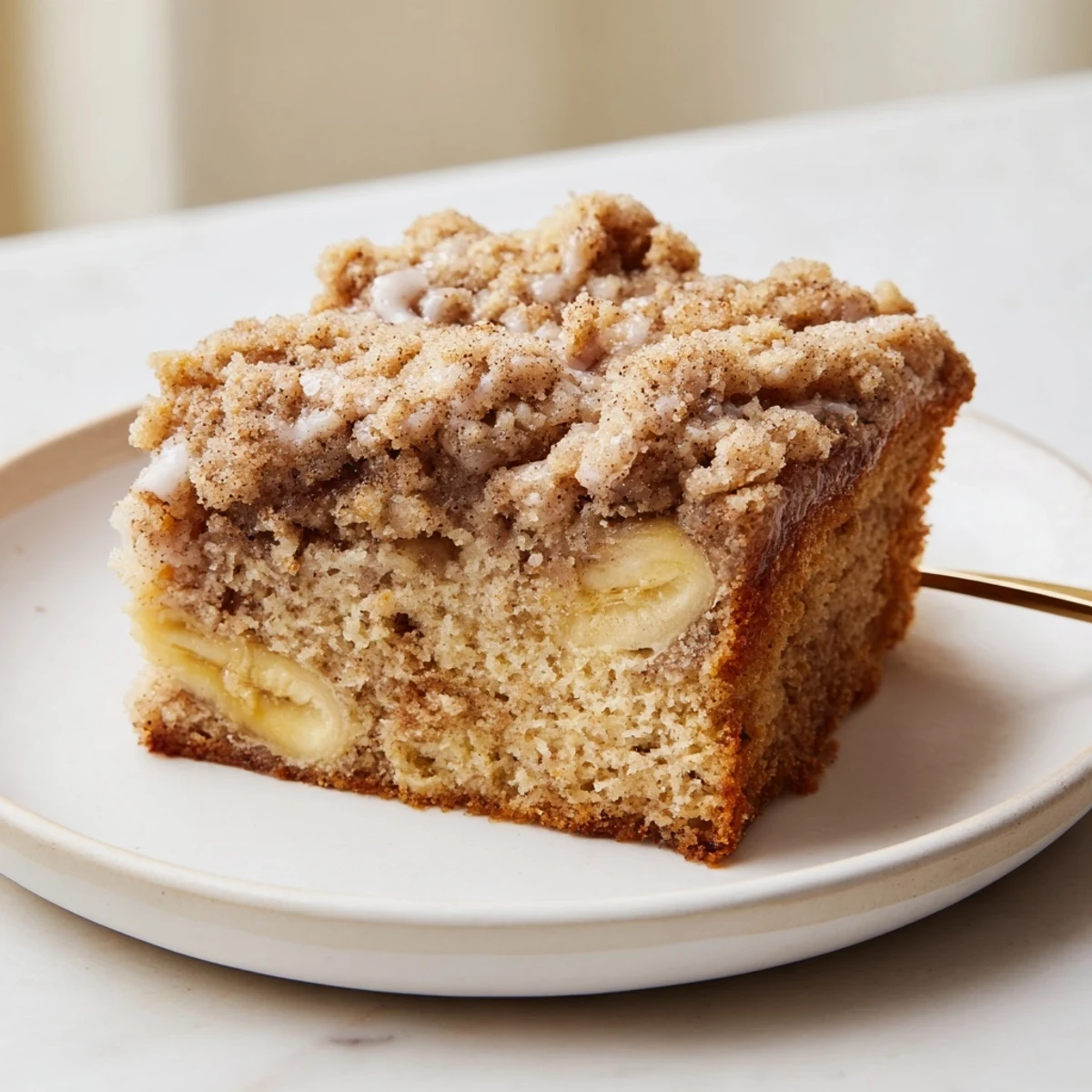 Sliced on a plate, moist banana interior of Banana Crumb Coffee Cake.