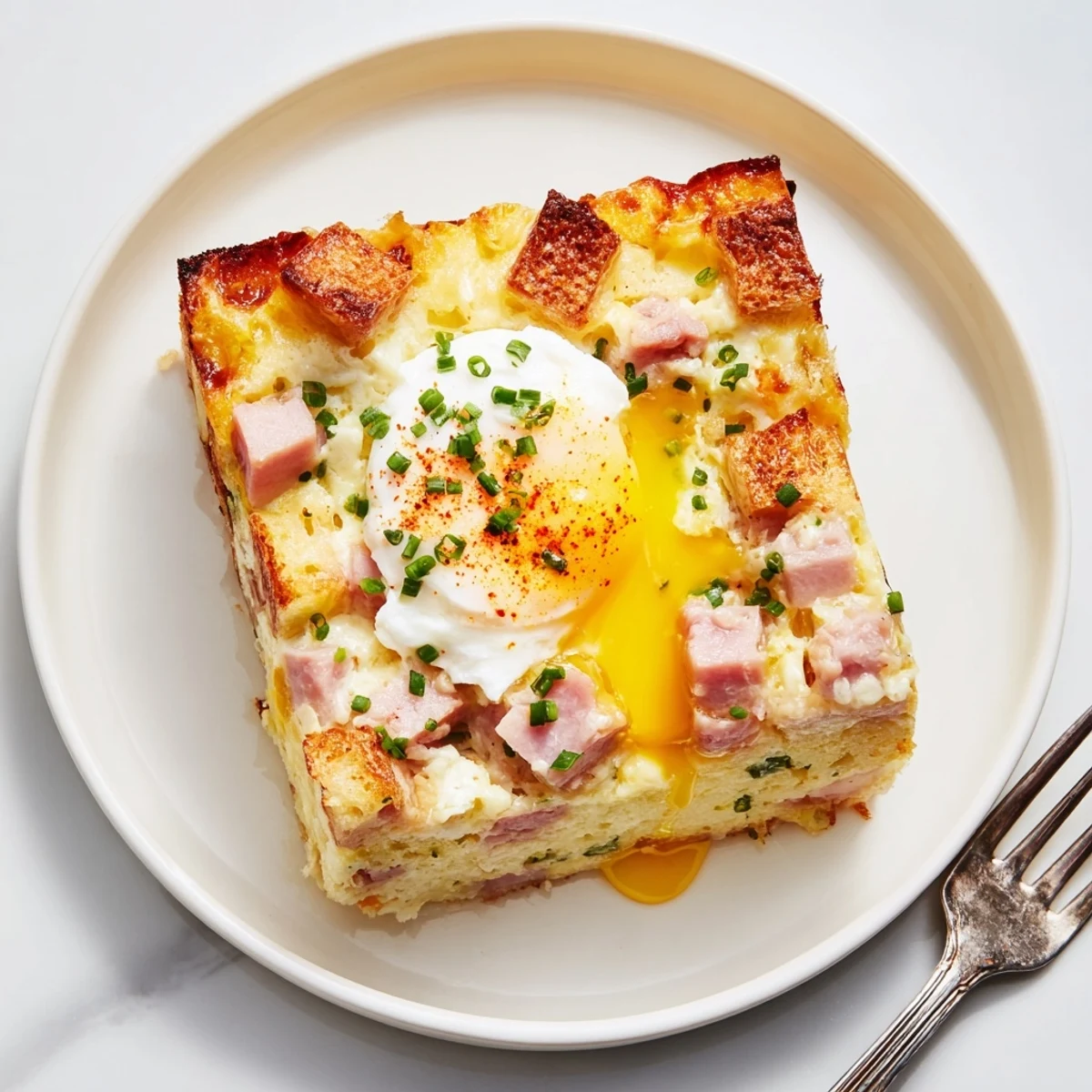 Baked Eggs Benedict Casserole with golden crust, creamy hollandaise, Canadian bacon.