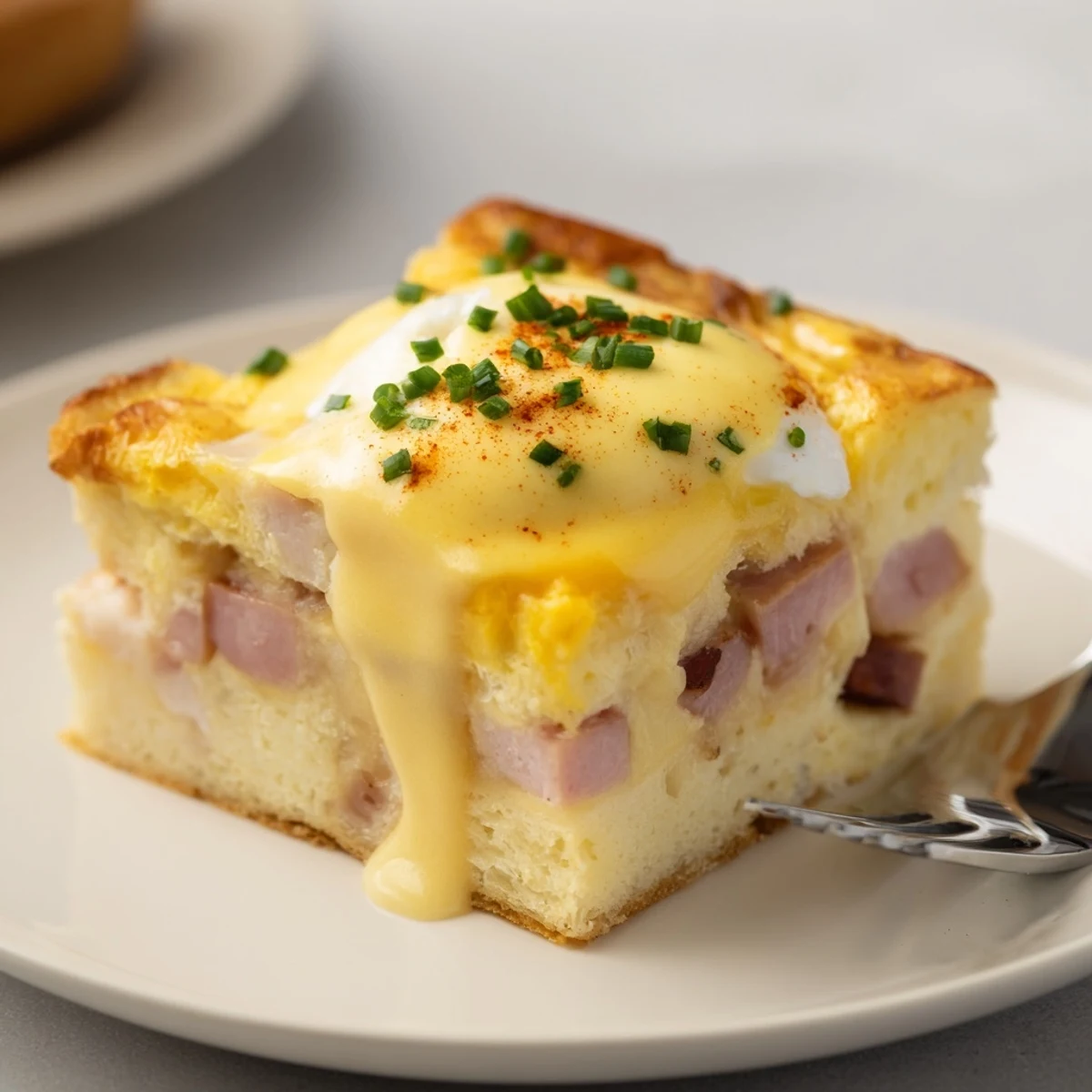 Morning platter featuring Baked Eggs Benedict Casserole slice, chives, warm steam.