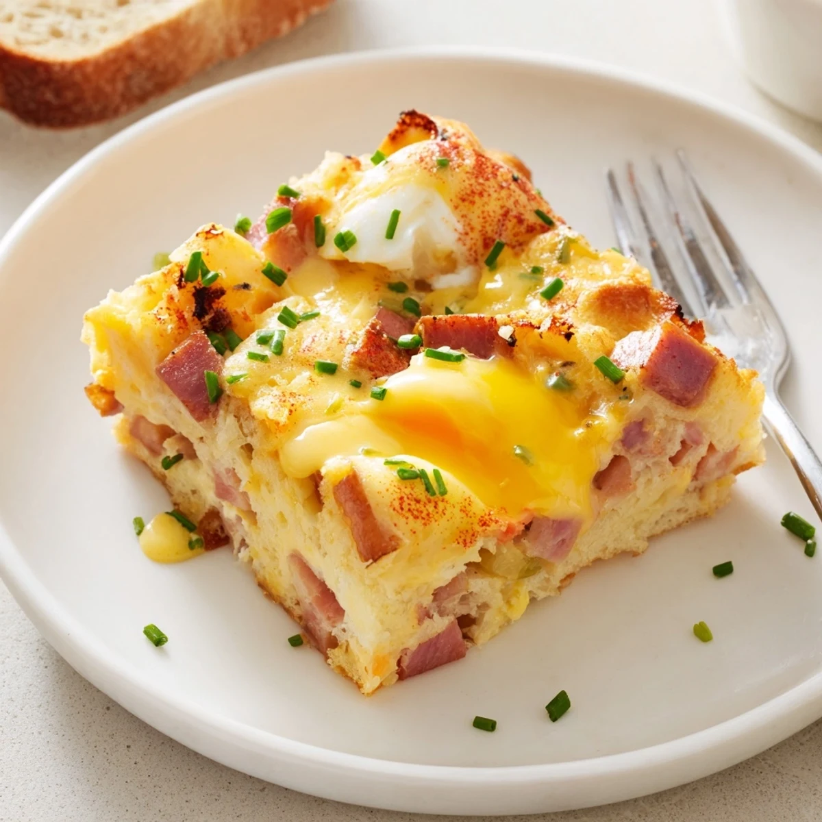 Hearty Baked Eggs Benedict Casserole bubbling in pan, ready to serve.