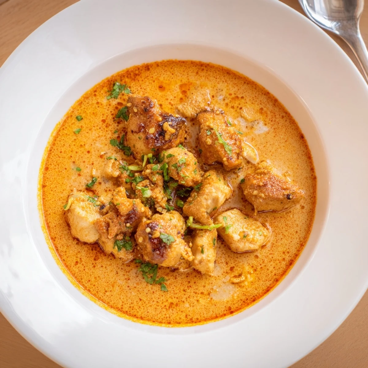 Creamy Butter Chicken simmering in tomato-butter sauce, garnished with cilantro.
