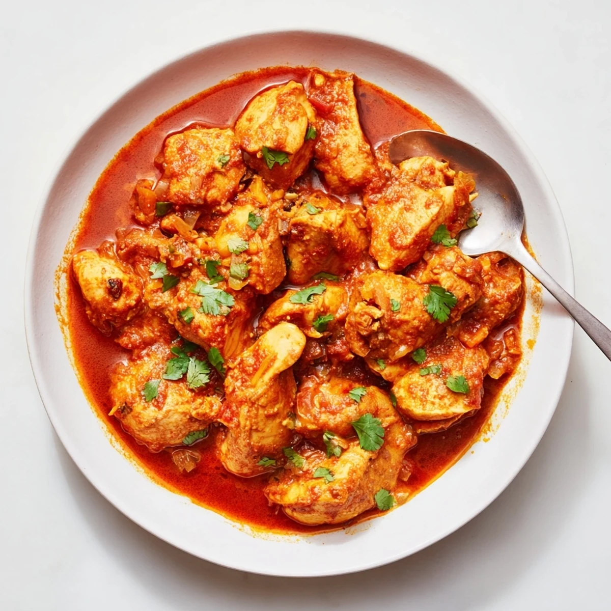 Skillet-seared Butter Chicken in rich tomato sauce, cream melting over tender pieces.