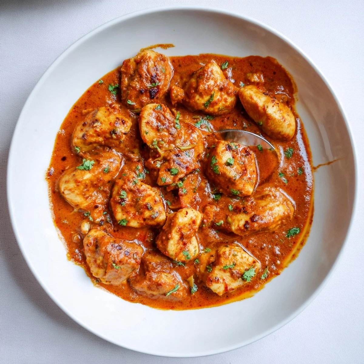 Tender marinated Butter Chicken served steaming with torn naan and rice.