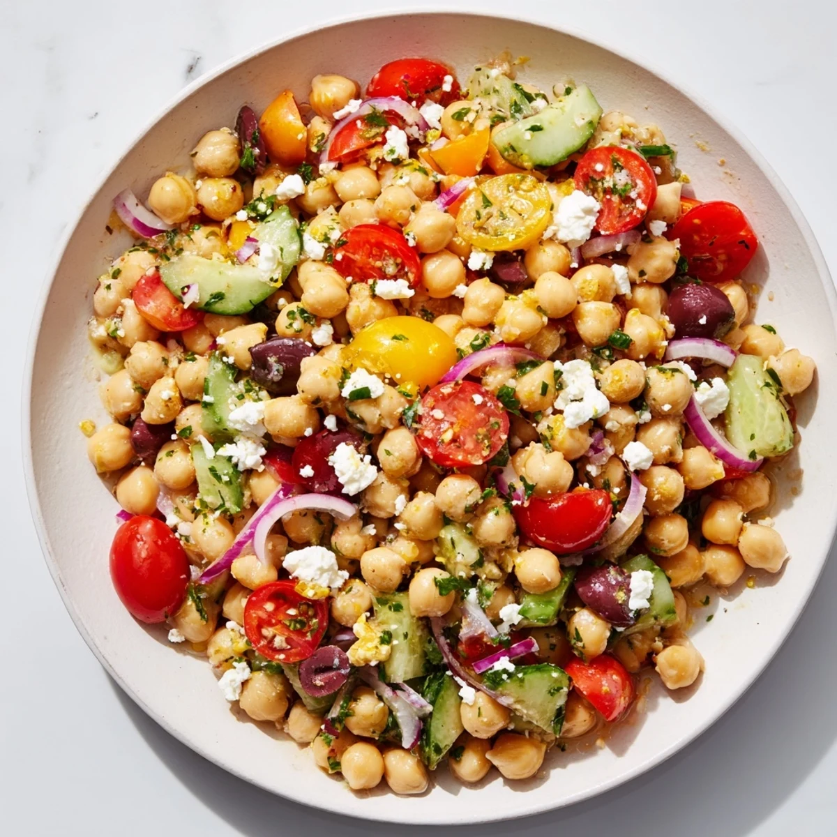 Bowl of Mediterranean Chickpea Salad Recipe topped with crumbled feta and parsley