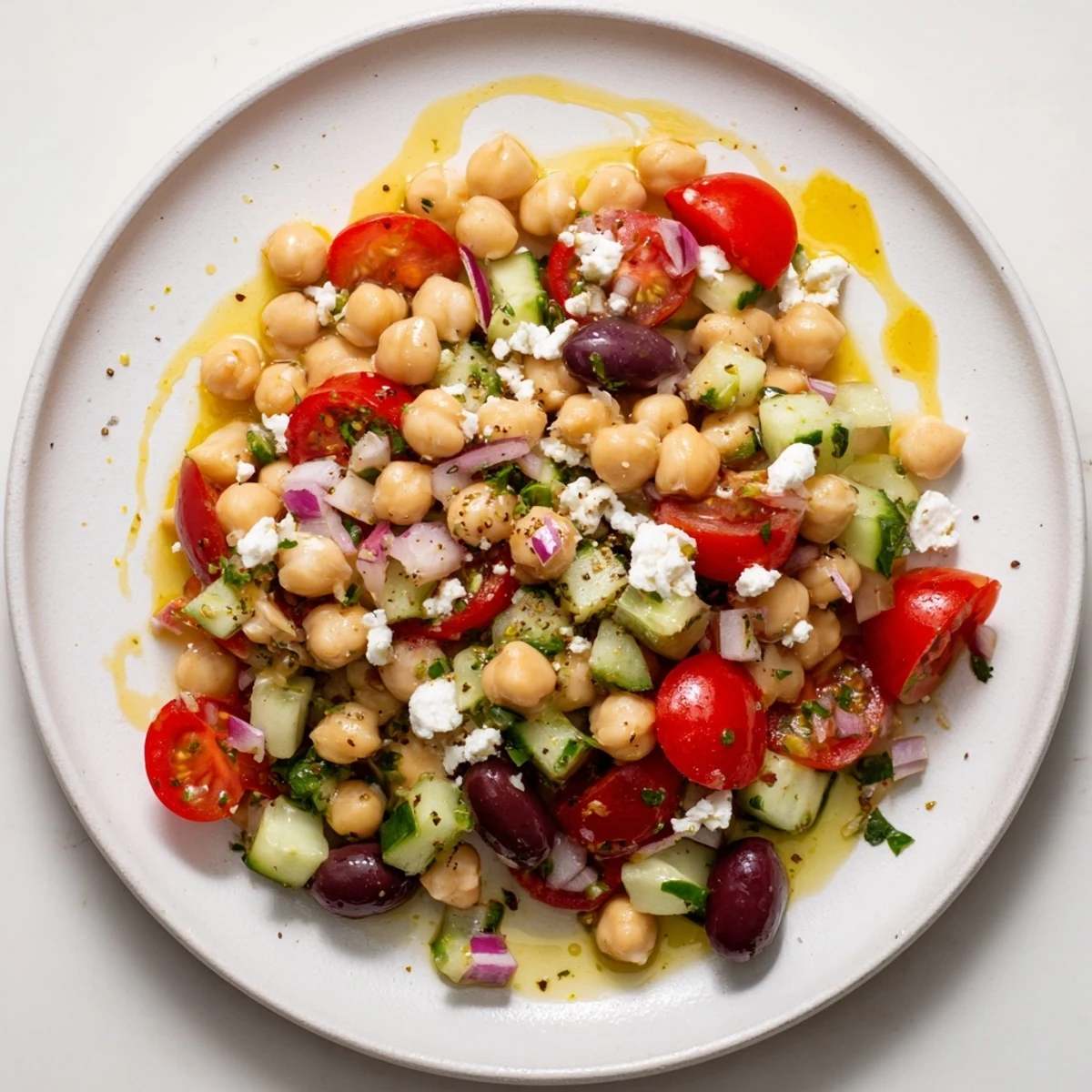 Chilled Mediterranean Chickpea Salad Recipe served as light lunch or potluck side