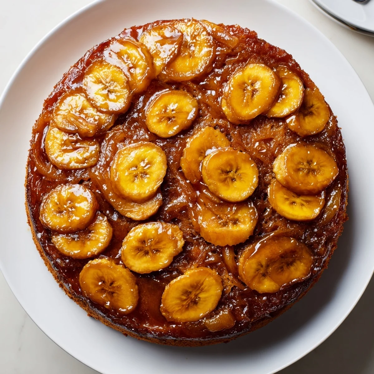 Slice of Banana Foster Upside Down Cake on plate, sticky caramel drizzle