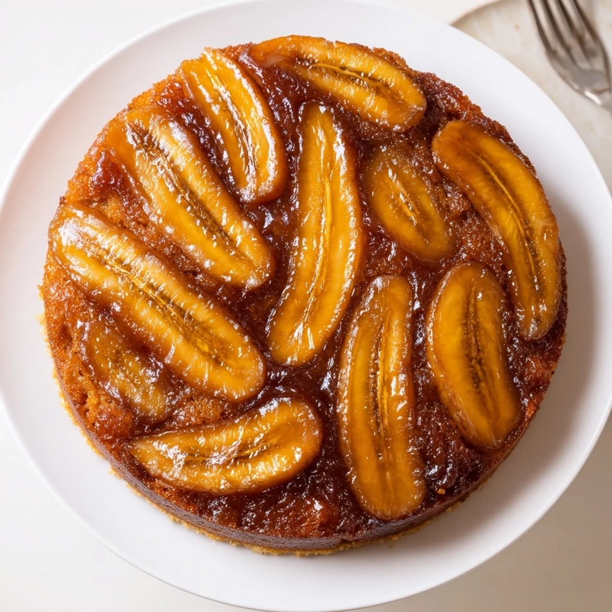 Warm Banana Foster Upside Down Cake with caramelized bananas and melting ice cream