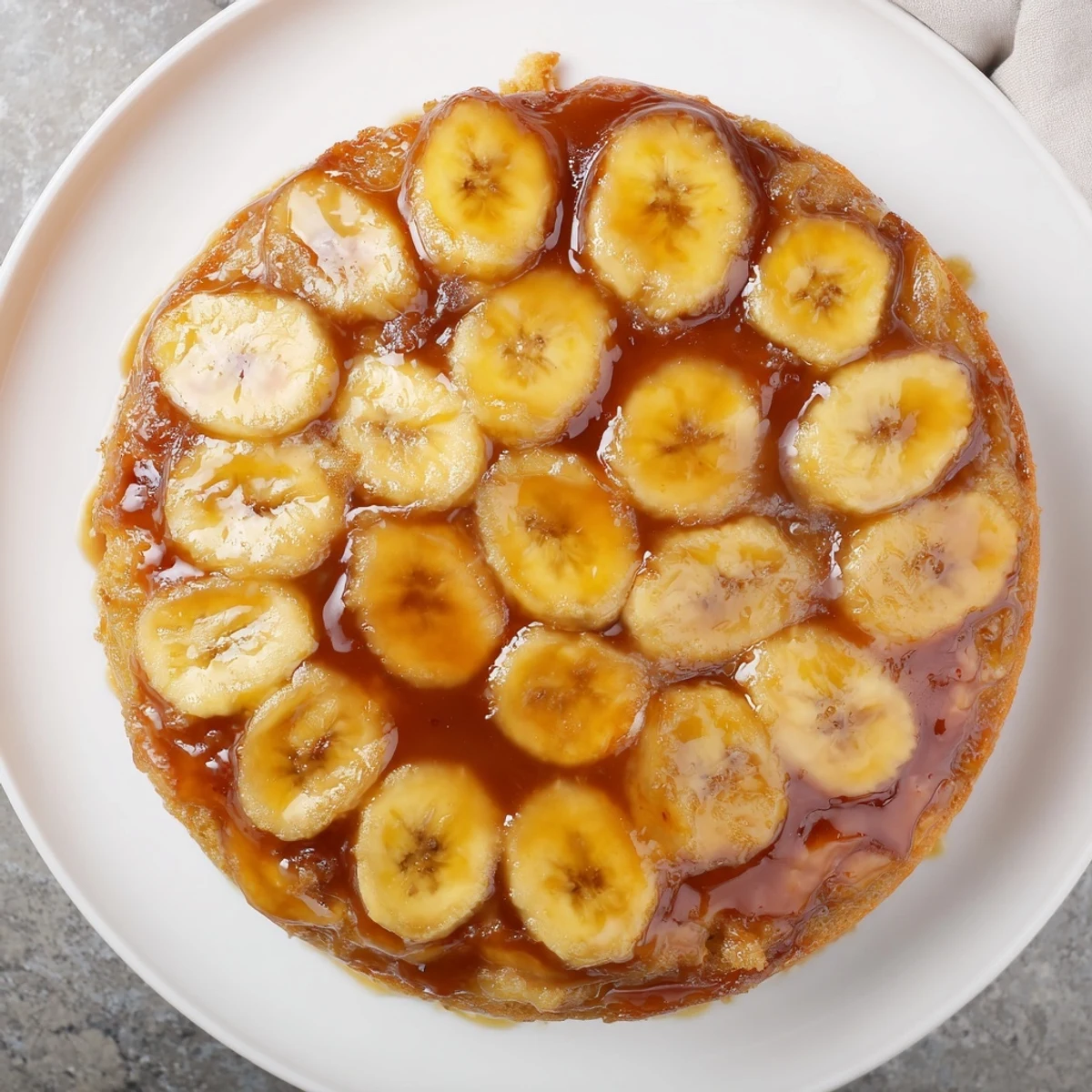 Homestyle Banana Foster Upside Down Cake, buttery crumb, rum-scented caramel topping