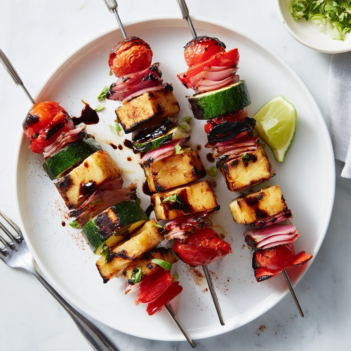 Pineapple Vegetable Skewers sizzling on grill with charred edges and bright colors