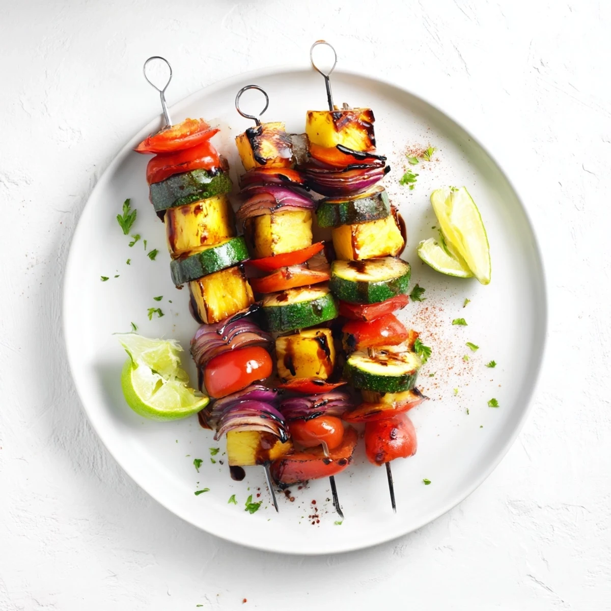 Serve Pineapple Vegetable Skewers hot with lime squeeze, herbs, and fluffy rice