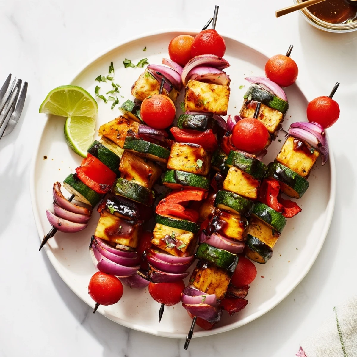 Grilled Pineapple Vegetable Skewers threaded with zucchini, bell pepper, and red onion