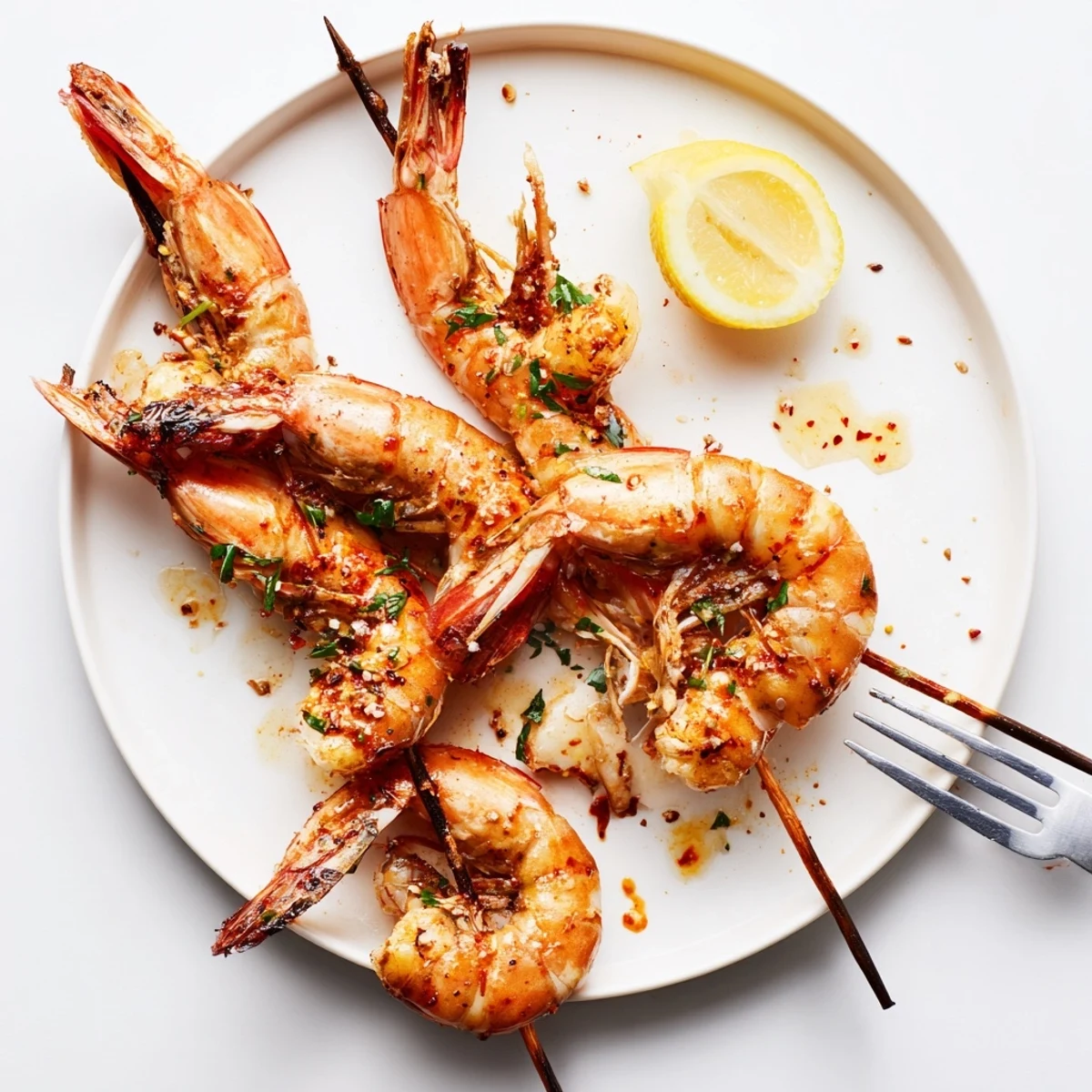 Weekend Marinated Grilled Shrimp sizzling on grill pan, lemon wedges for serving.