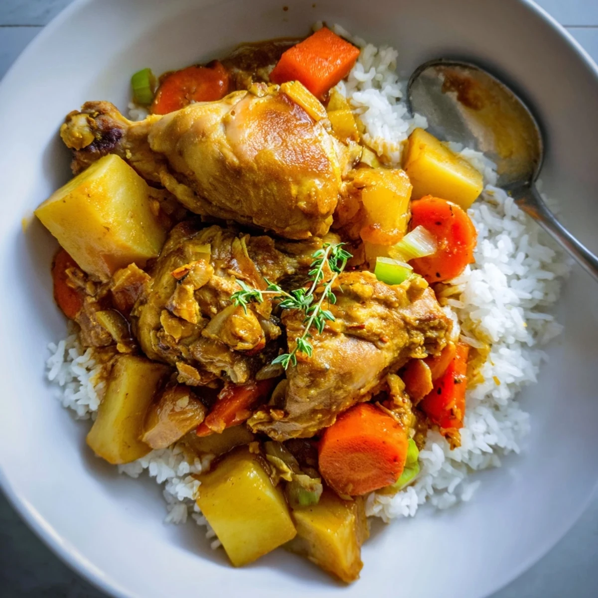 Irresistibly Tender Jamaican Curry Chicken simmering in fragrant sauce over rice