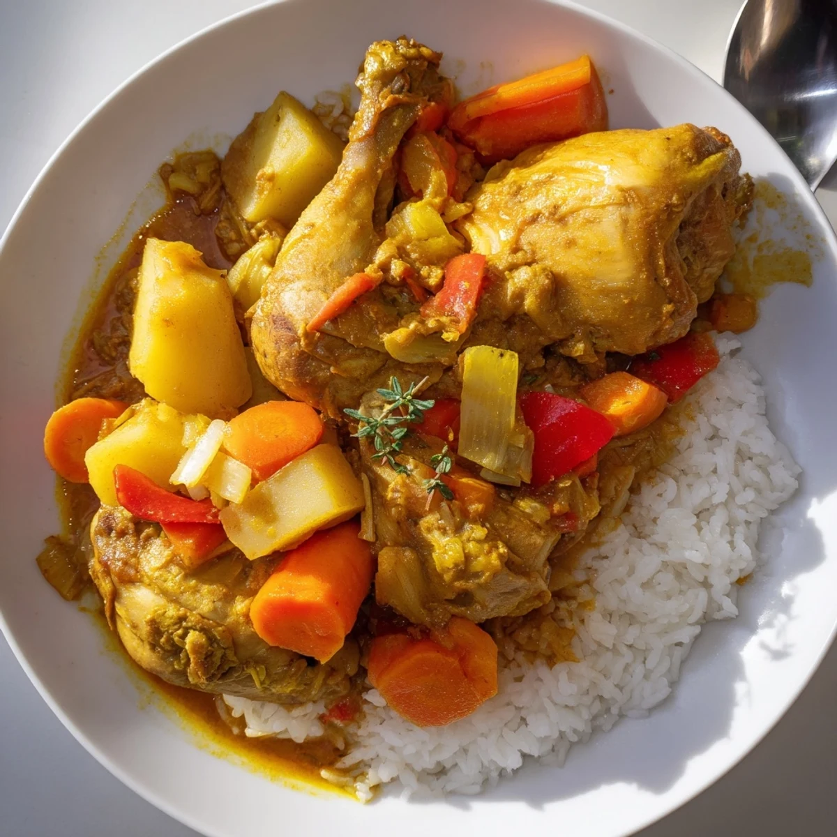 Bowl of Irresistibly Tender Jamaican Curry Chicken with coconut scented potatoes, bright herbs