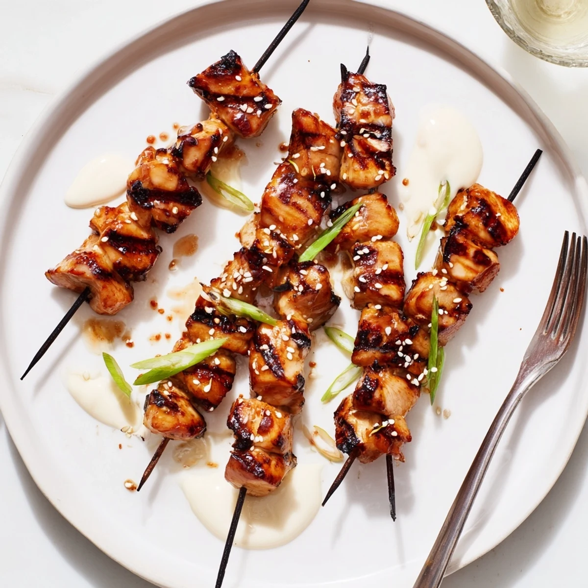 Charred Bang Bang Chicken Skewers resting on platter, drizzled with extra sauce.