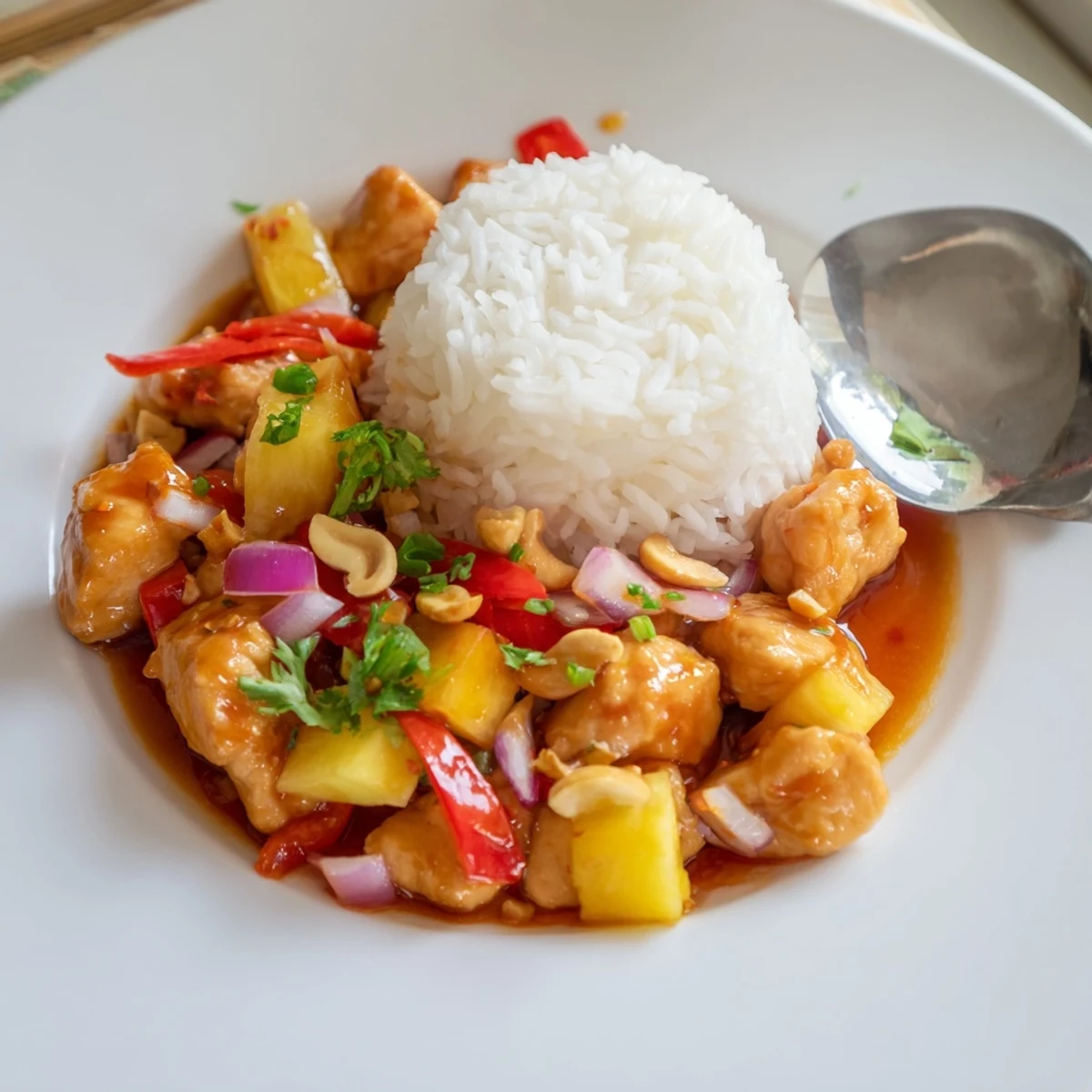Steaming bowl of Tropical Sweet And Spicy Chicken Rice Delight, served over fluffy rice.