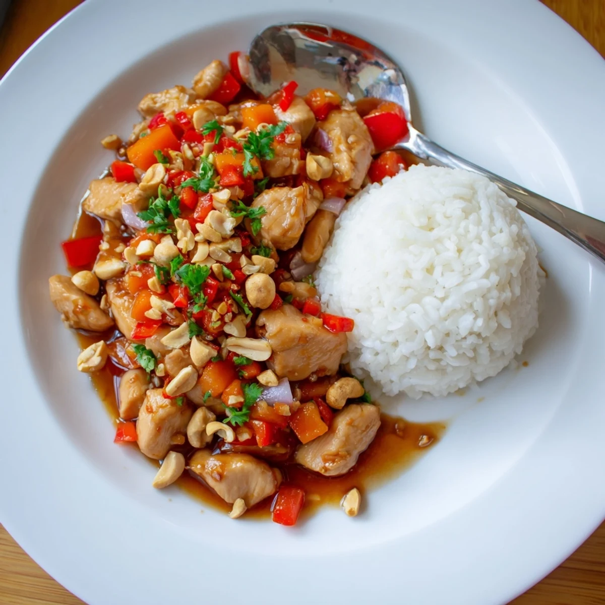Tropical Sweet And Spicy Chicken Rice Delight glistening with pineapple, mango, and cilantro.