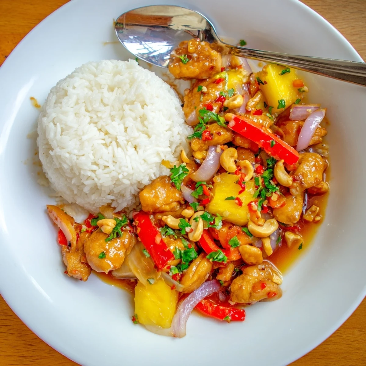 Caramelized chicken, mango, and toasted cashews crown Tropical Sweet And Spicy Chicken Rice Delight.